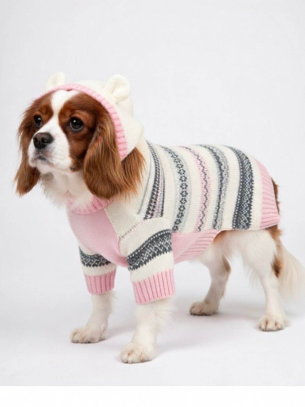 PUP CREW Hooded Fair Isle Cream Pink Gray Dog Sweater w Cute Ears on Hood!